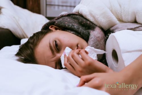 woman with sever cold symptoms laying in bed, with he texal Allergy Logo in the Bottom righ corner.